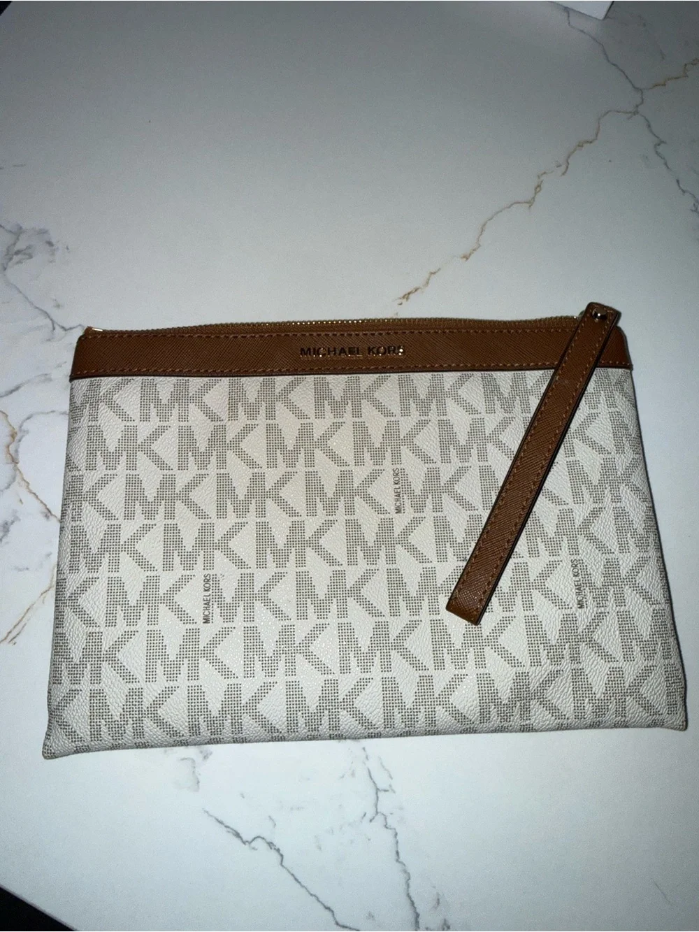 Michael Kors Beige MK Monogram clutch/wristlet with Brown Trim